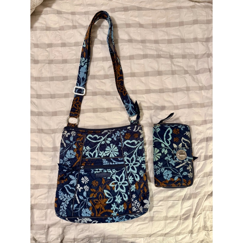 Vera Bradley Blue Floral Quilted Crossbody Bag and Turnlock Wallet Set